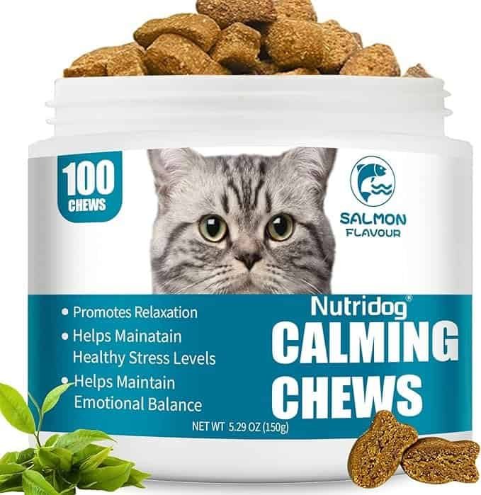 Cat calming chews in a white container with a gray cat on the label, shown alongside a description of natural ingredients for stress relief for cats