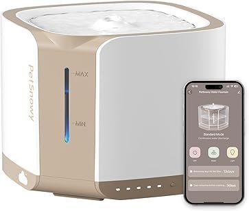 PetSnowy Smart Water Fountain shown with connected app interface — highlighted in the PetSnowy Review as one of the best PetSnowy products for reliable pet care. This smart pet cleaning system promotes hydration and features quiet, automatic filtration for modern pet owners.