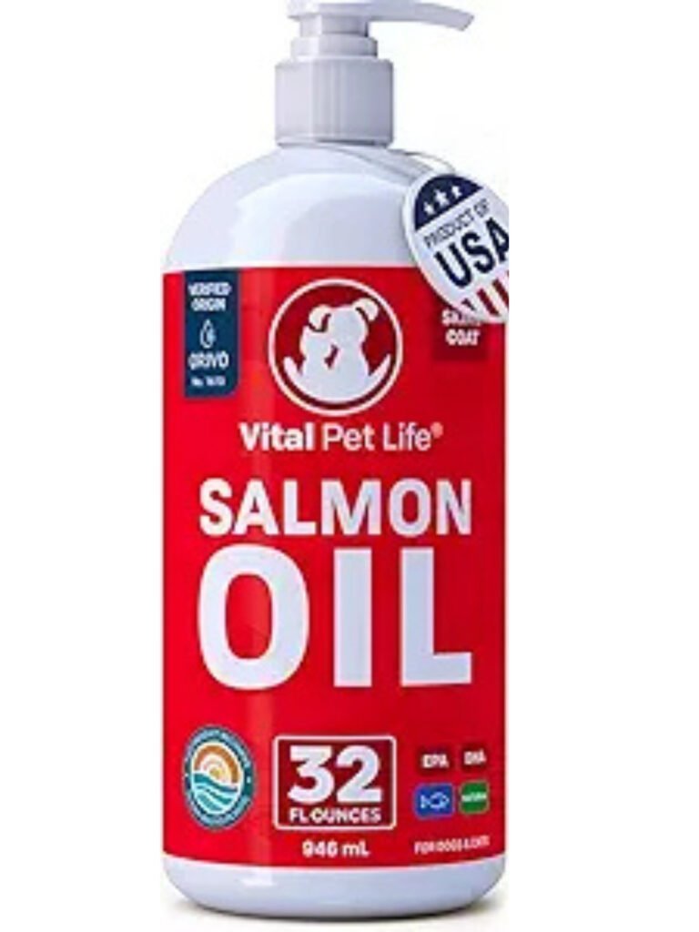 Vital Pet Life Salmon Oil for cats and dogs — omega-3 fish oil supplement with EPA and DHA for healthier skin, shinier coats, reduced shedding, and overall wellness support.