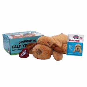 Plush calming puppy toy with heat pack designed to soothe new puppies and support a puppy training schedule and new puppy training guide.