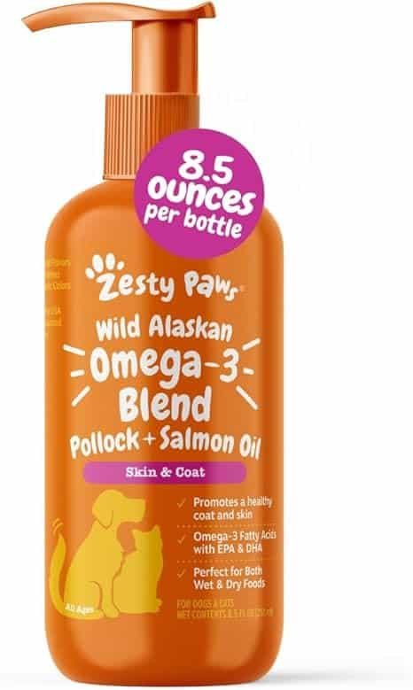 Zesty Paws Wild Alaskan Omega-3 Blend bottle featuring pollock and salmon oil for pets, a popular omega 3 for cats supplement supporting skin and coat health