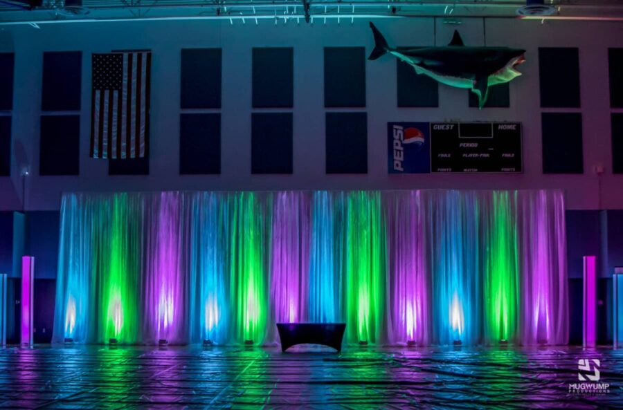 Purple-Blue-Green-Lights-Indoor-Gymnasium-Event-Decor