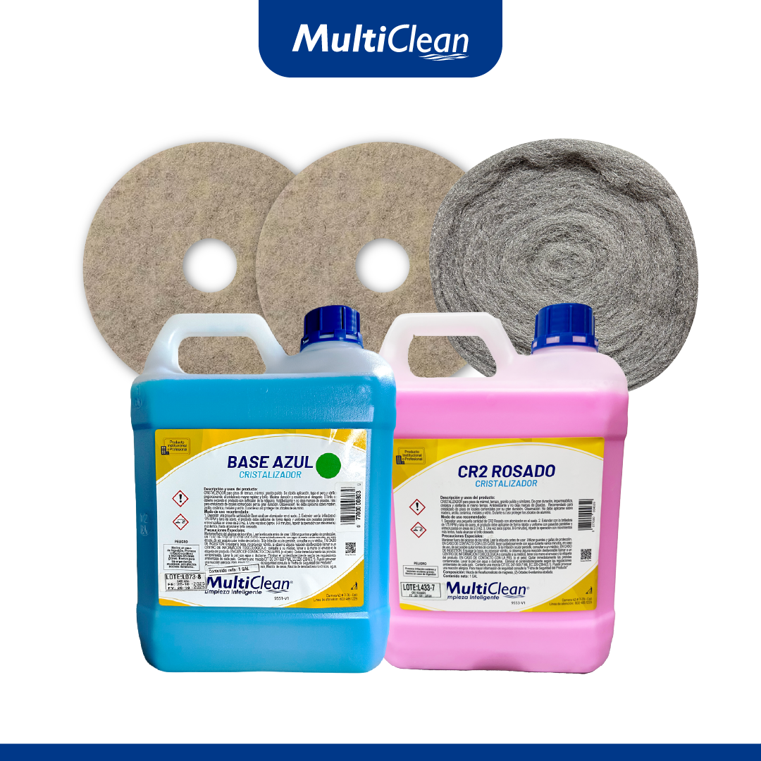 Combo Cristalizado de Pisos: Base Azul + CR2 + 2 Pads 17” + Lana de Acero