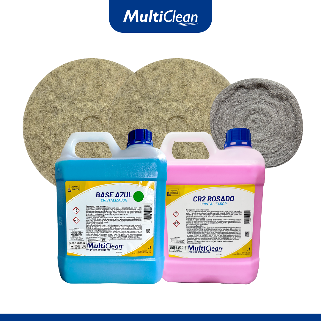 Combo Cristalizado de Pisos: Base Azul + CR2 + 2 Pads 20” + Lana de Acero