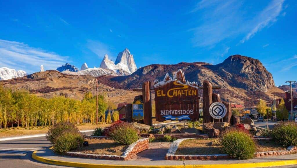 El Chaltén welcome sign with Mount Fitz Roy in the background