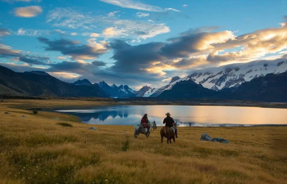 Gaúchos a cavalo ao entardecer junto ao Lago Roca na Estancia Nibepo Aike