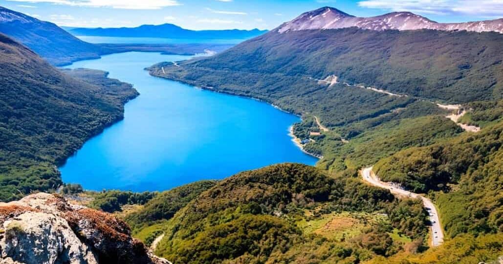 Vista aérea del Lago Escondido entre montañas y bosques, excursión Lagos Escondido y Fagnano, Ushuaia