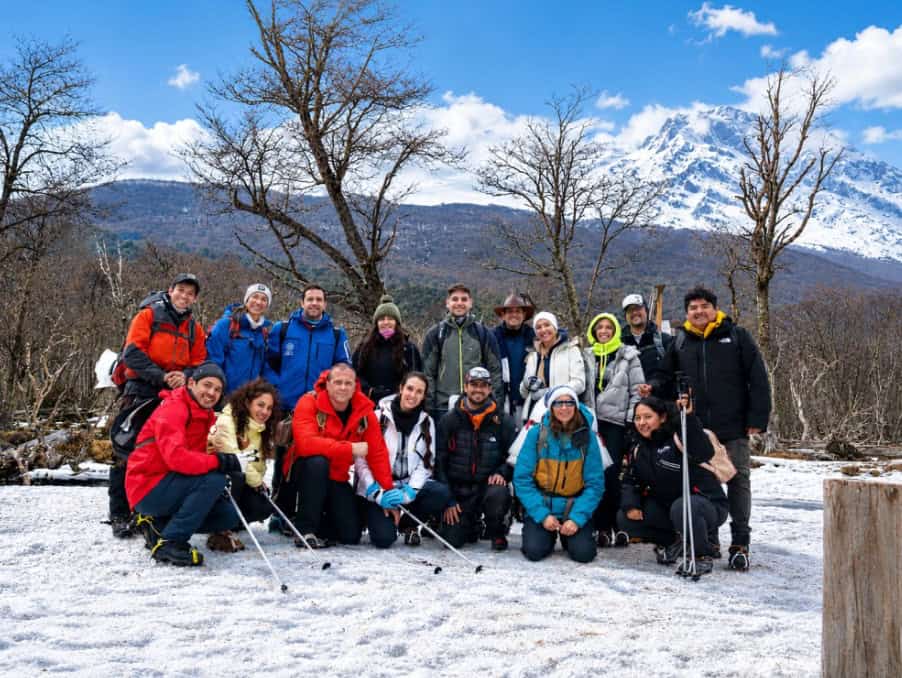 Group in the snow during the winter trekking to the Vinciguerra Glacier, Ushuaia