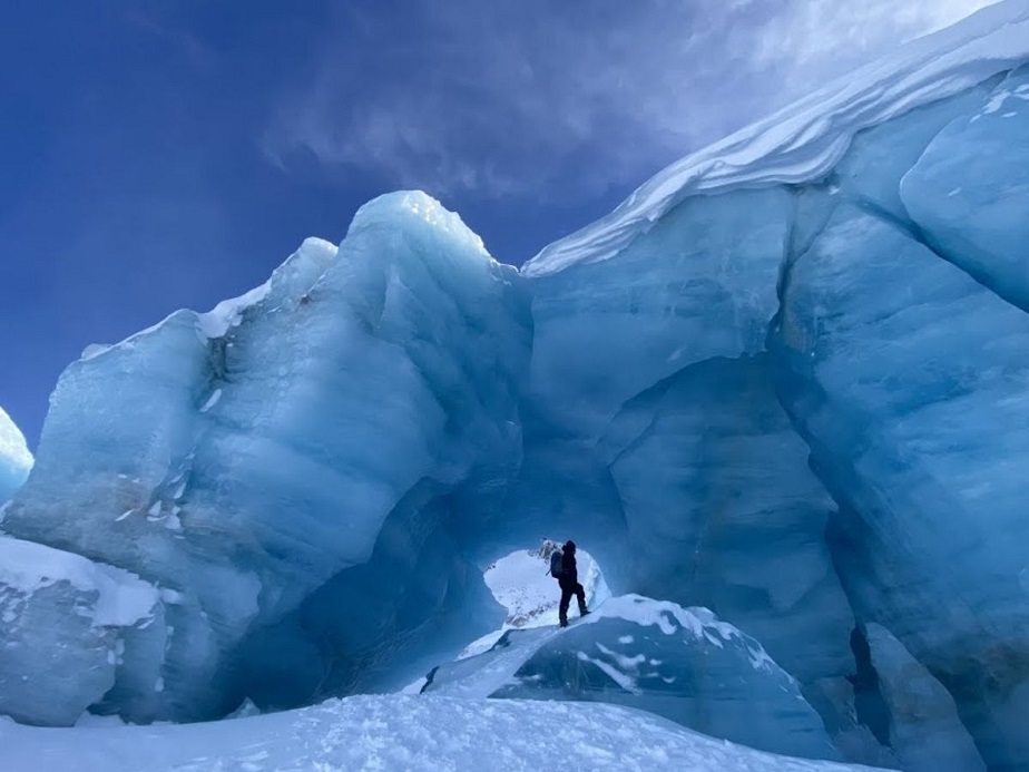 Glacier trekking with crampons on the blue ice of the Ojo del Albino Glacier, Ushuaia