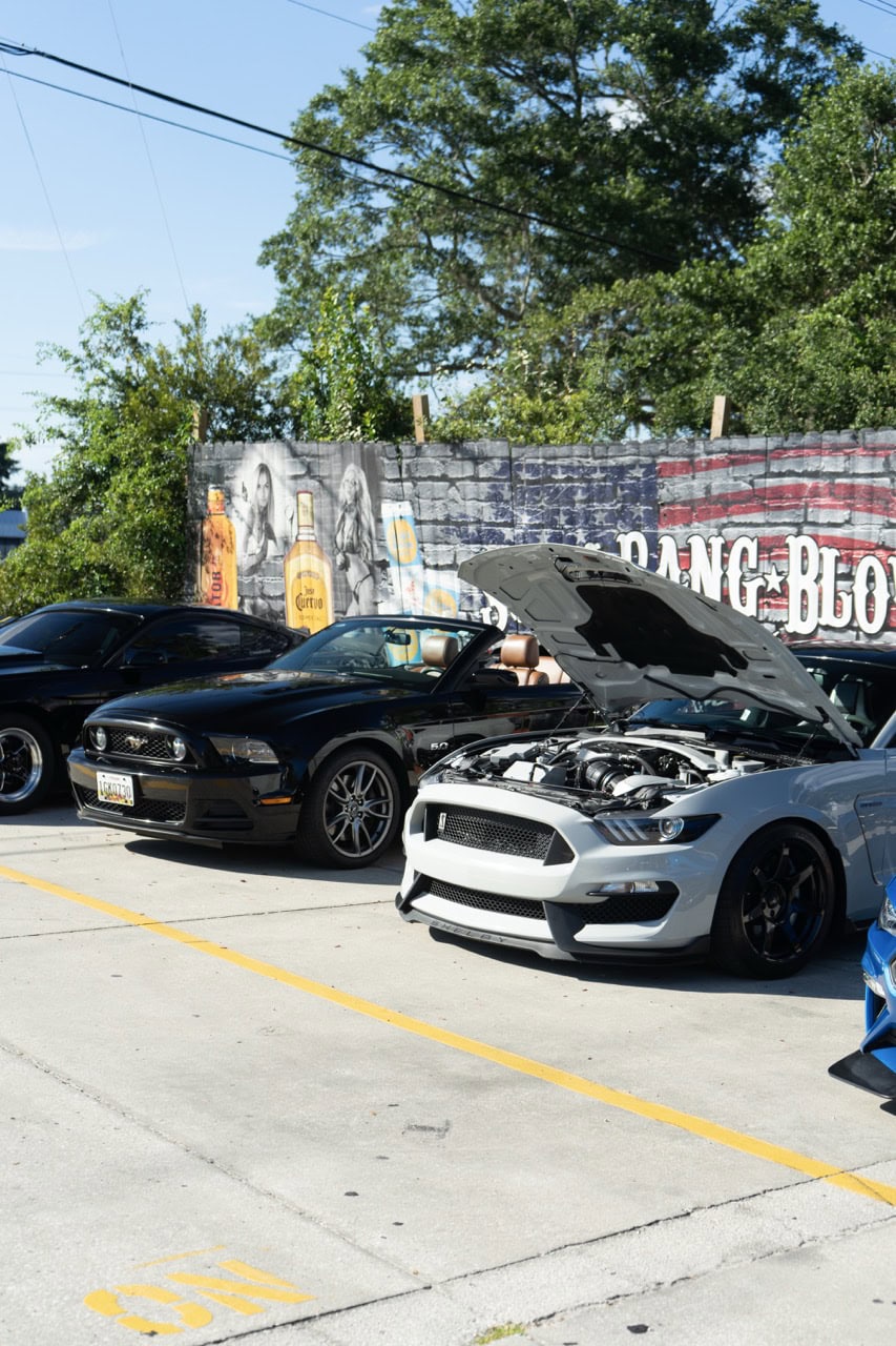 Lineup of Ford Mustangs at Mustang Week car show in Myrtle Beach.