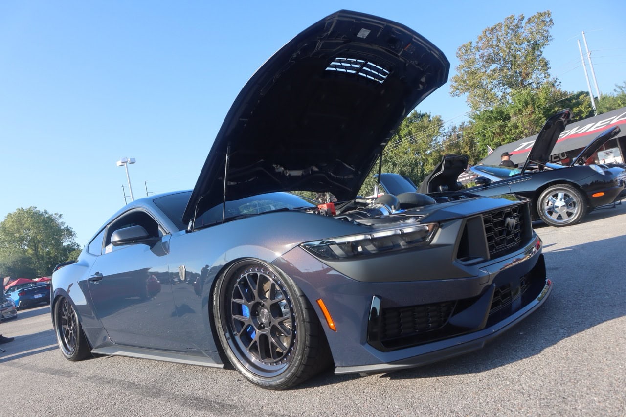 Mustang Week car at Myrtle Beach with hood open.