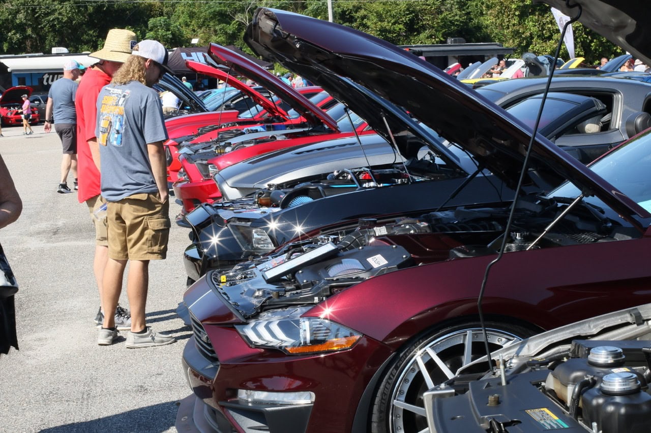 Mustang Week car show in Myrtle Beach 2025 featuring a lineup of classic and modern Ford Mustangs.