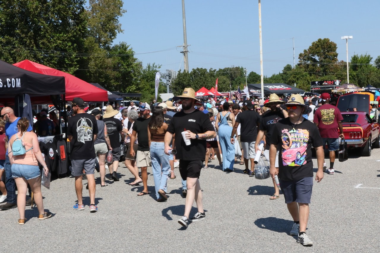 Crowds at Mustang Week event in Myrtle Beach 2025, showcasing classic cars and car enthusiasts.