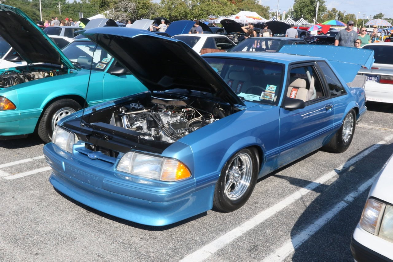 Classic blue Ford Mustang at Myrtle Beach car show.