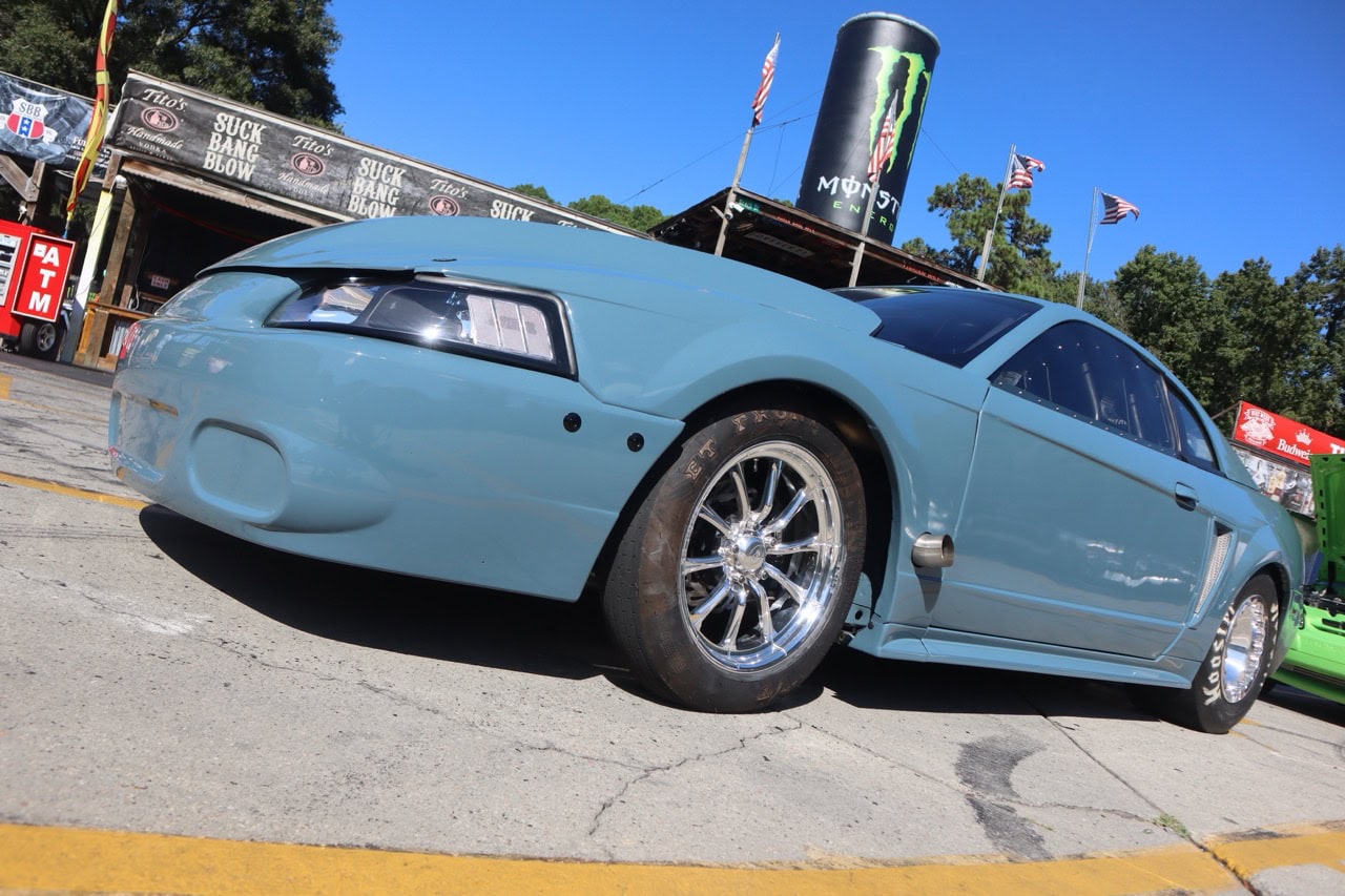 Classic blue Ford Mustang at Myrtle Beach car show.