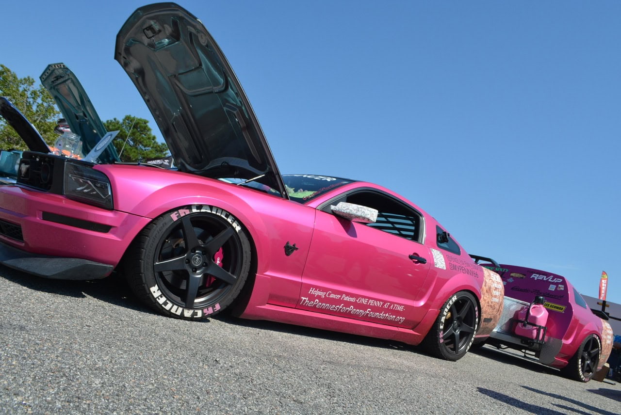 Mustang Week car show at Myrtle Beach 2025 with customized pink Ford Mustangs.