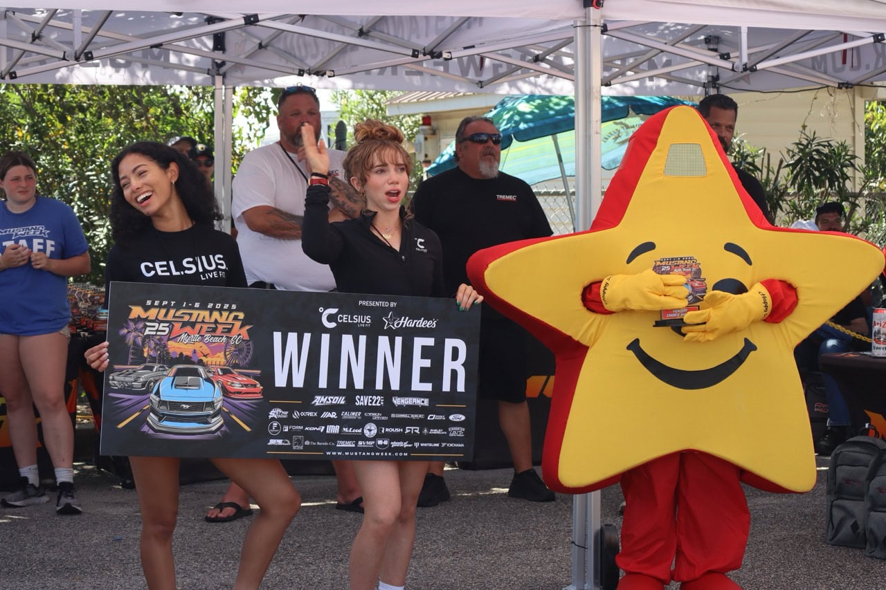 Celebrating Mustang Week 2025 at Myrtle Beach with winners and fun mascot.