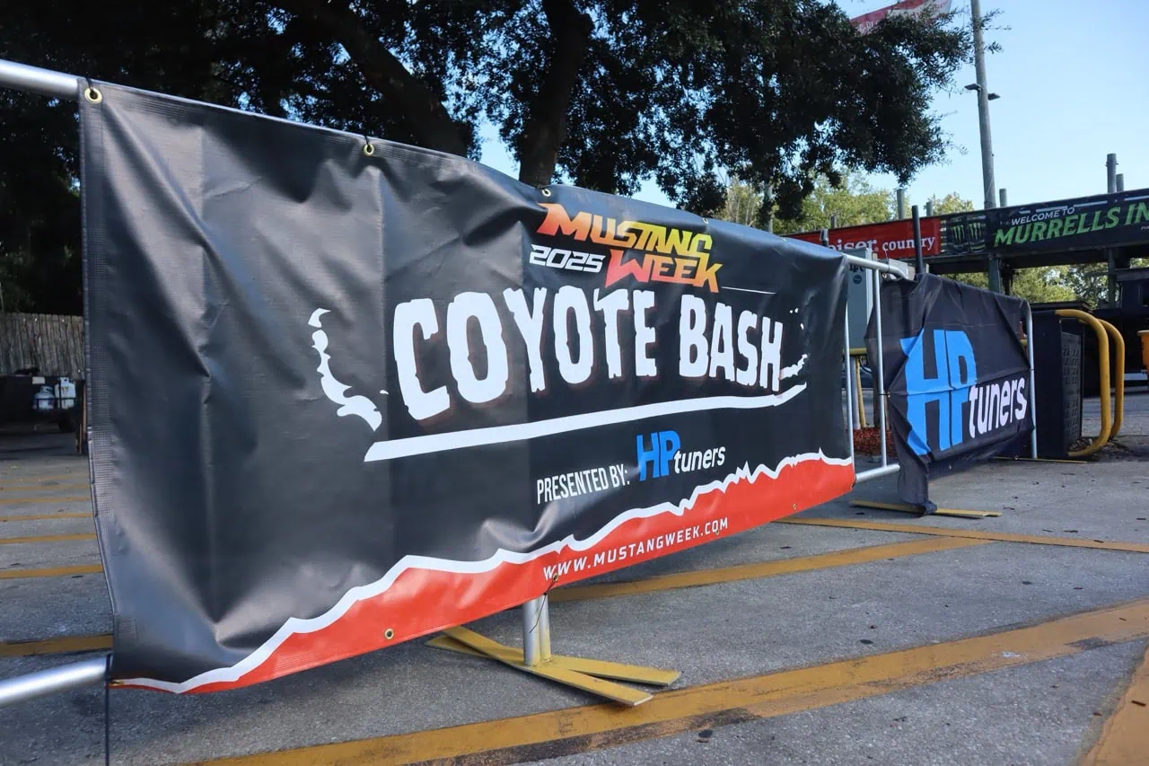 Coyote Bash banner at Mustang Week event in Myrtle Beach 2025.