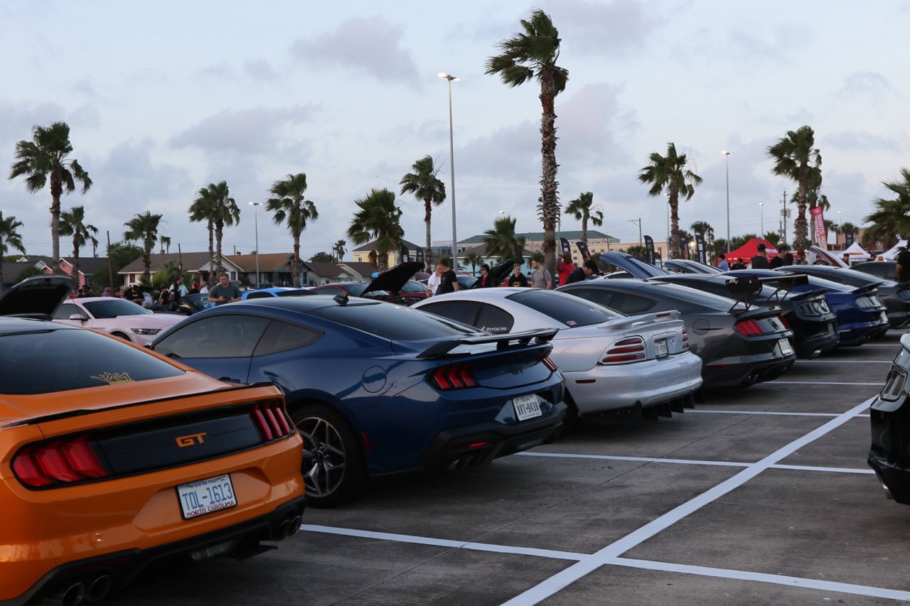 Classic Ford Mustangs parked at Texas 2026 Mustang Week event.