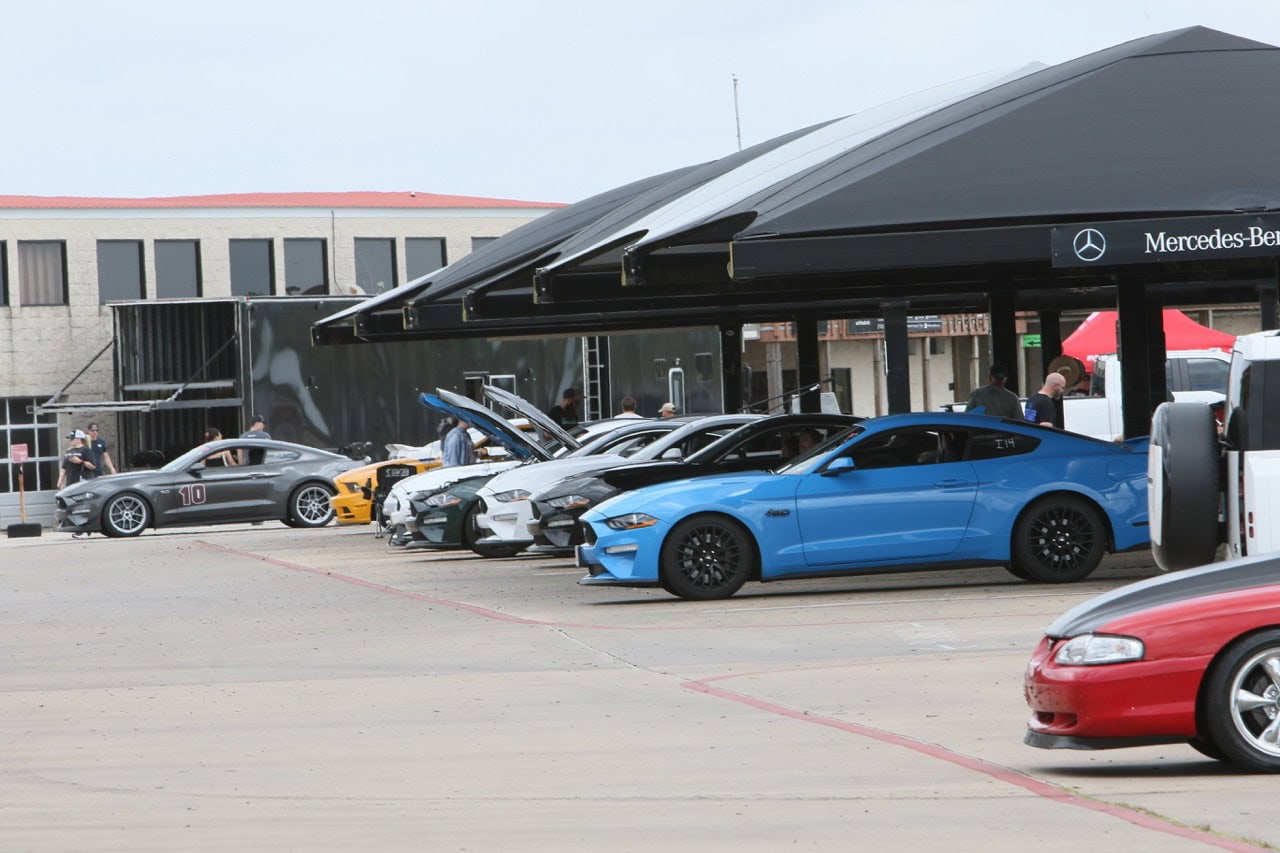 Lineup of Ford Mustangs at Mustang Week car show in Myrtle Beach.