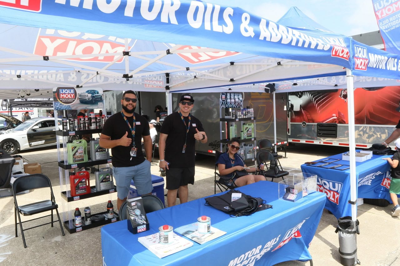Mustang Week event booth showcasing motor oils and accessories in Texas 2026.