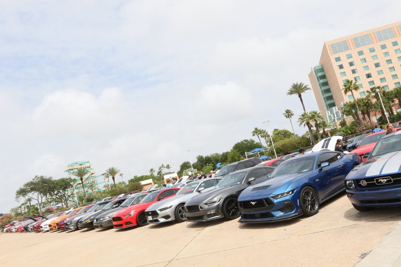 Row of Ford Mustangs at Mustang Week car event in Myrtle Beach, SC.