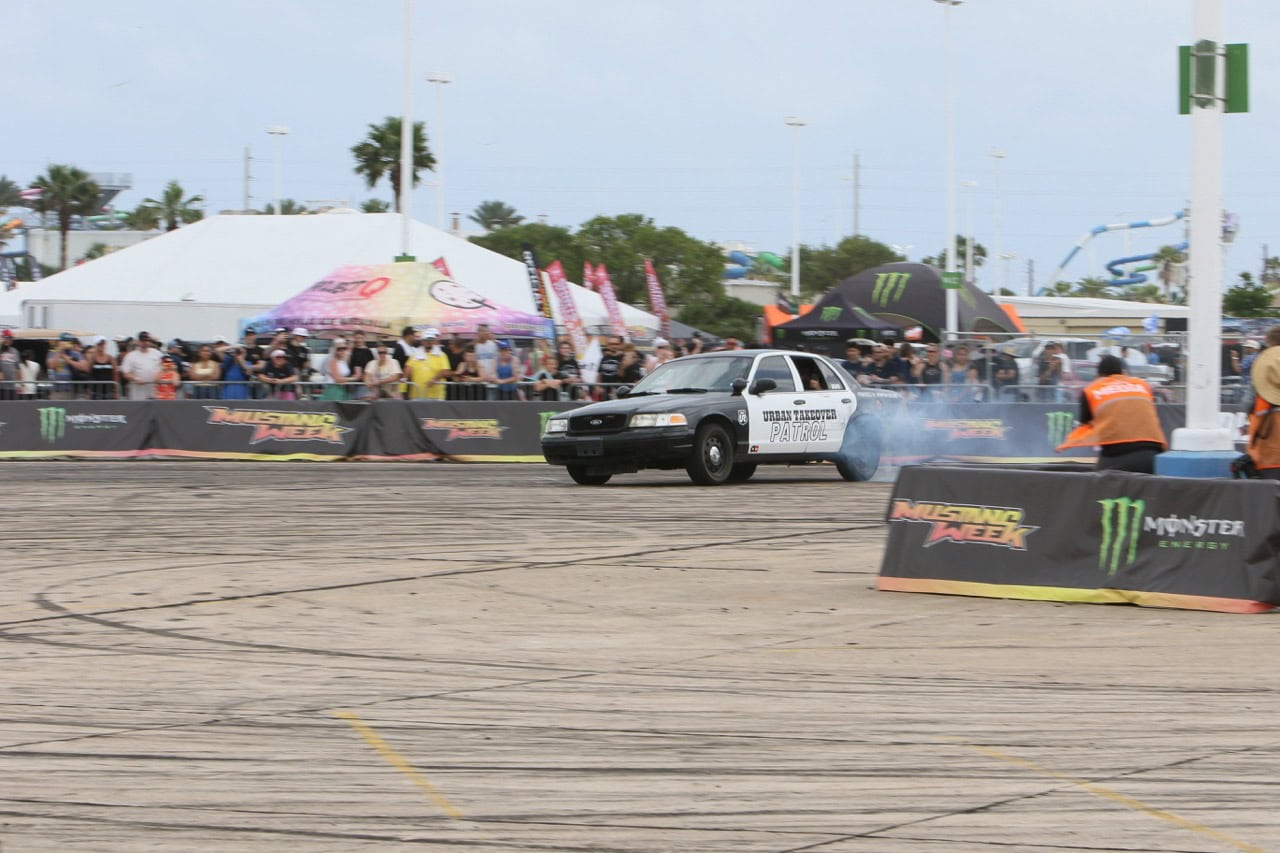 Mustang Week event with a drifting car at Texas 2026.
