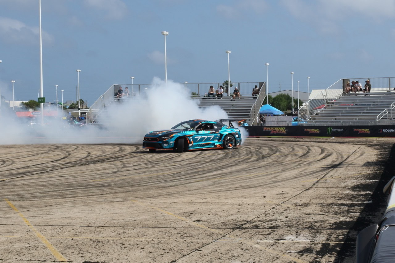 High-speed Mustang drift racing at Mustang Week event in Texas 2026.