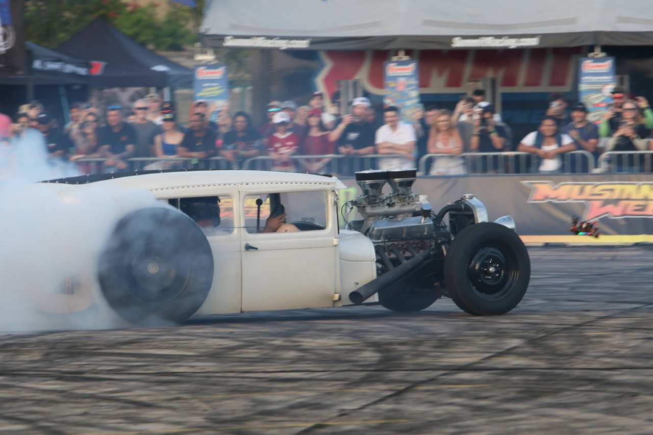 Classic Mustang burnout at Mustang Week event.