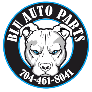 Blu Auto Parts logo featuring a fierce dog with blue eyes for Mustang Week.
