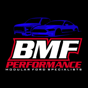 BMF Performance logo with a blue Ford Mustang and a sports car in the background.