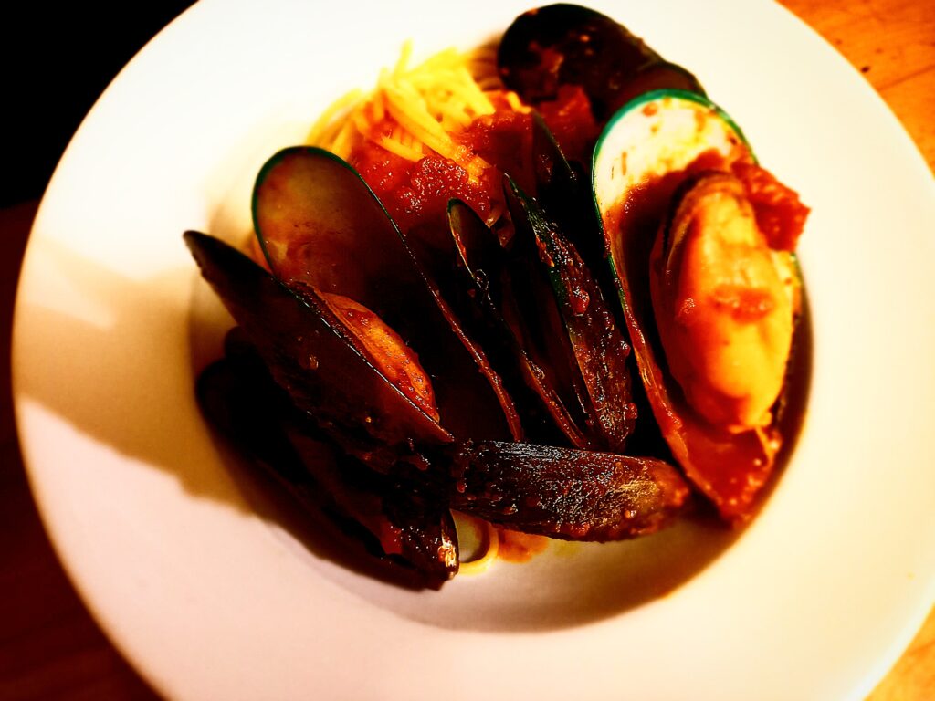 Cooked mussels on a plate