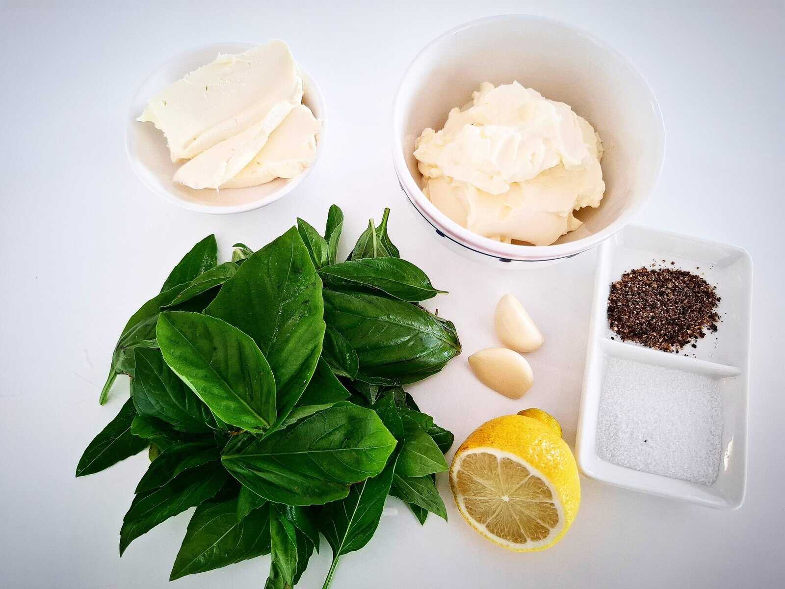 Ingredient needed for Basil dip on a white table top