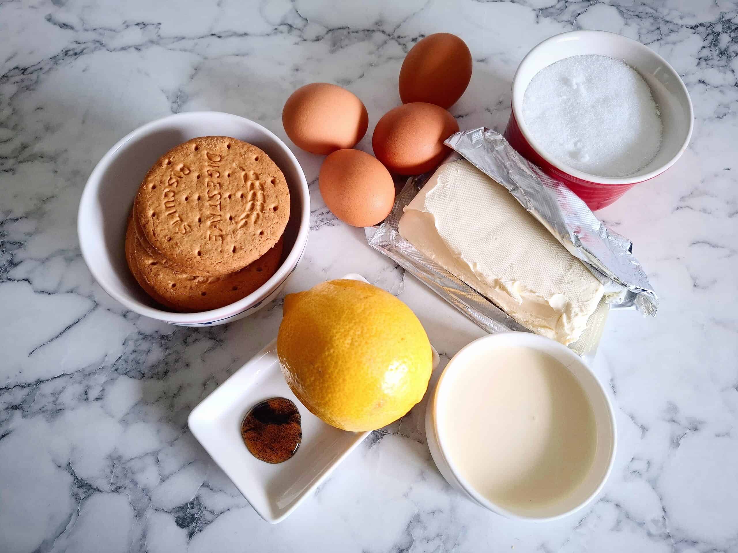 Ingredients for frozen Lemon vanilla cheesecake