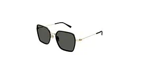 Fashionable sunglasses with black lenses and gold frame for eye protection.