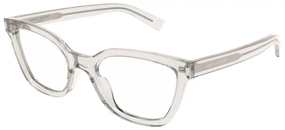 Clear eyeglasses with rectangular frames for vision correction.