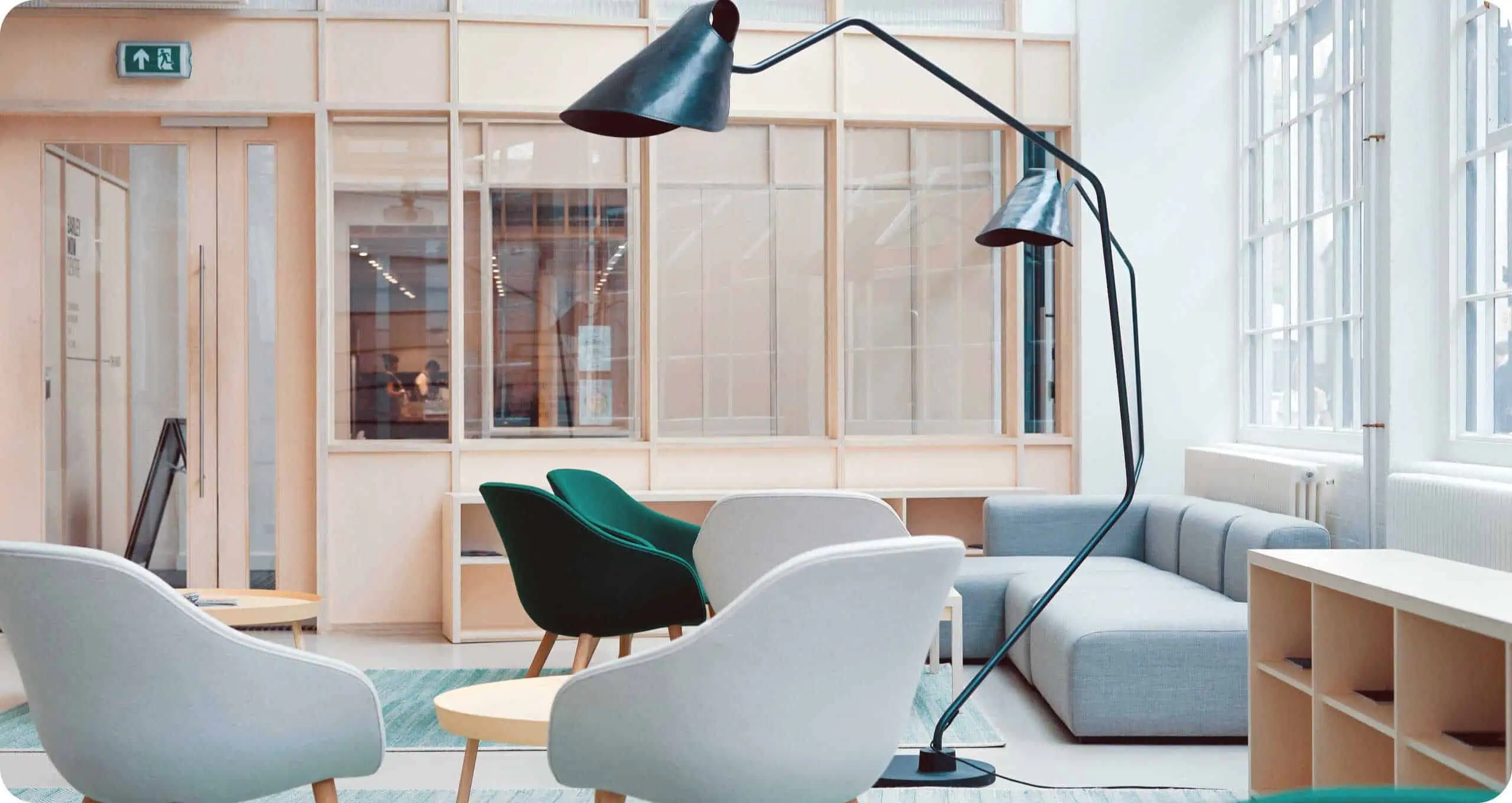 Bright modern lounge and coworking space in a residential building