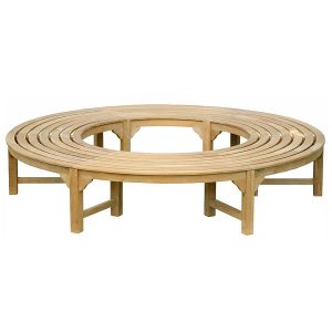 classic teak outdoor seating featuring round tree bench