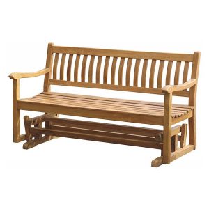 classic teak outdoor seating featuring glider bench