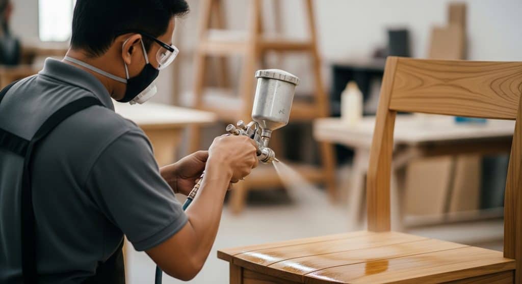 applying furniture finish A Naramulya craftsman in a professional spray booth applying one of the company's expert-chosen teak furniture finishes