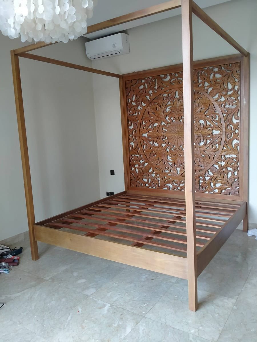 A collection of custom indoor teak furniture, including wardrobes, kitchen sets, and desks, manufactured by Naramulya for the Ketewel project.
