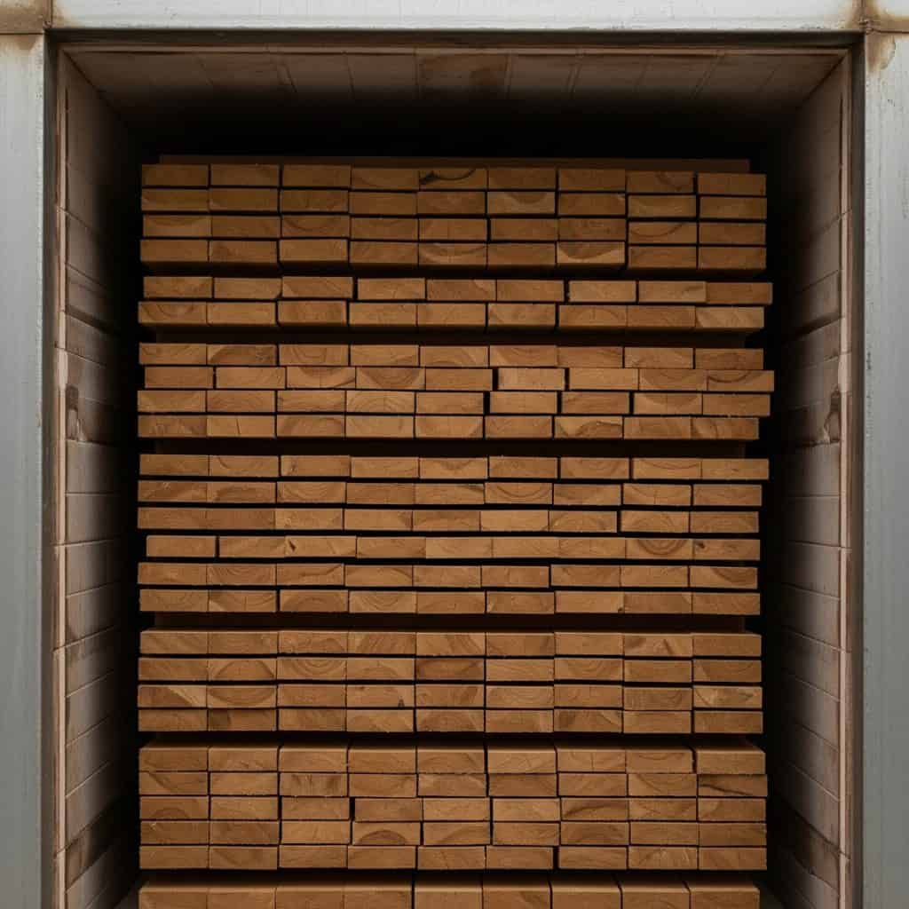 teak wood stacked inside kiln kiln drying for furniture