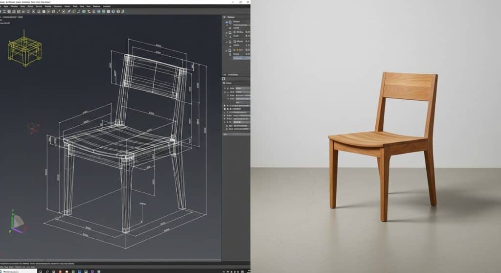 CAD to Real life Furniture A visual representation of making custom furniture from drawings, showing the digital CAD file and the final manufactured product.