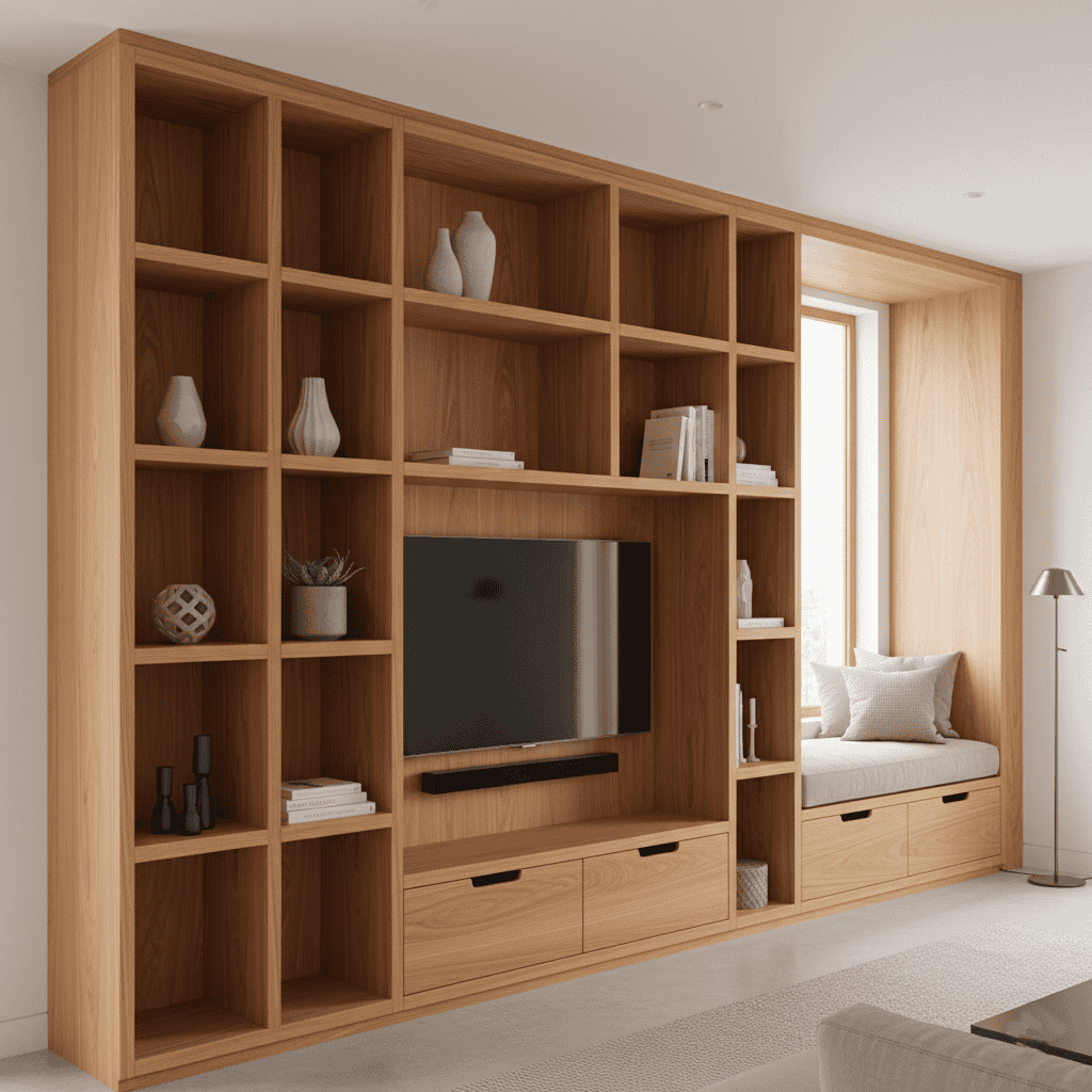 teak wall unit maximizing vertical space efficiently