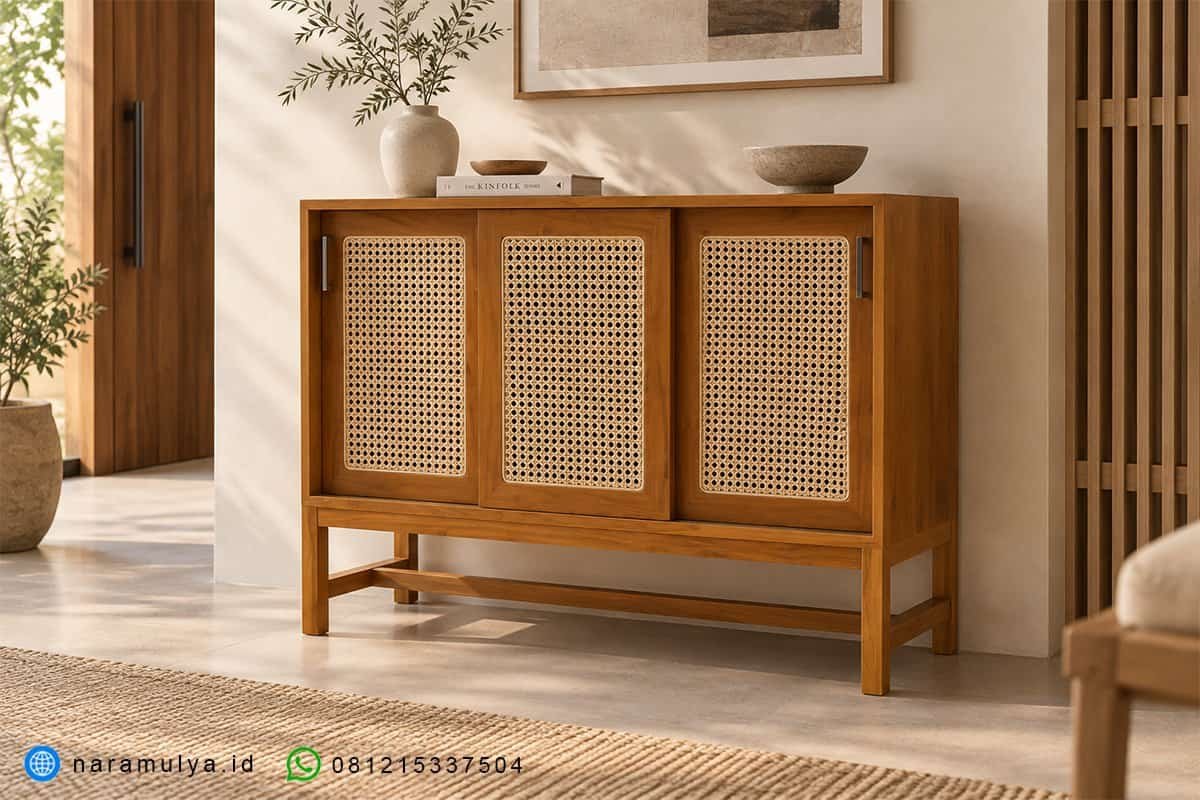 gambar bufet jati minimalis 3 pintu rotan