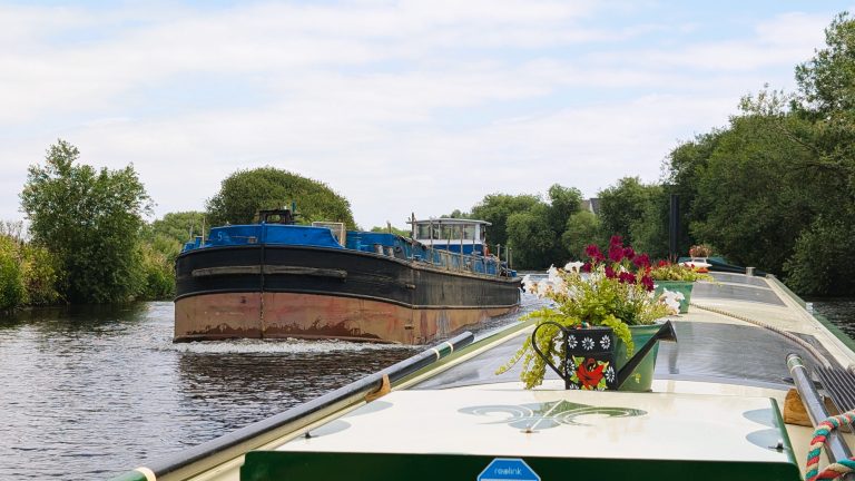 Narrowboat cruising through scenic canal with flowers on deck.