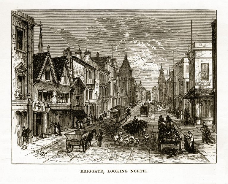 Briggate, Leeds (c.1880s), Victorian engraving, English School. Public domain via Wikimedia Commons.