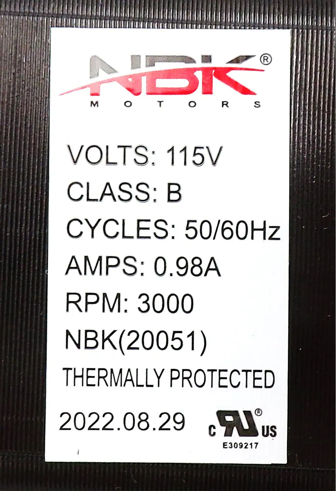 NBK-20051 EXHAUST BLOWER MOTOR, 115 VOLT, 0.98 AMPS, 3000 RPM - Image 3