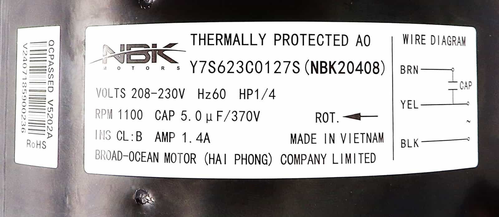 NBK-20408 CONDENSOR MOTOR 3905 1/4 HP, 208/230V - Image 3