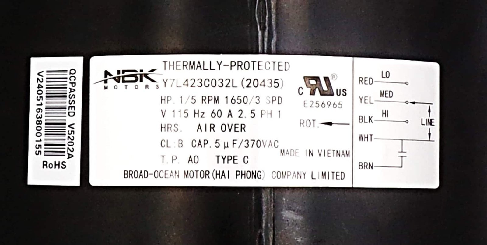 NBK-20435 FAN MOTOR 1/5 HP 115V,60HZ,3.3A,1585RPM,3SP - Image 4